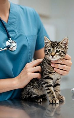 Female wearing blue scrubs examining a Tabby kitten